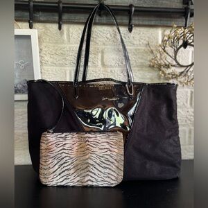 Victoria's Secret Black Tote Bag With Animal Print Pouch